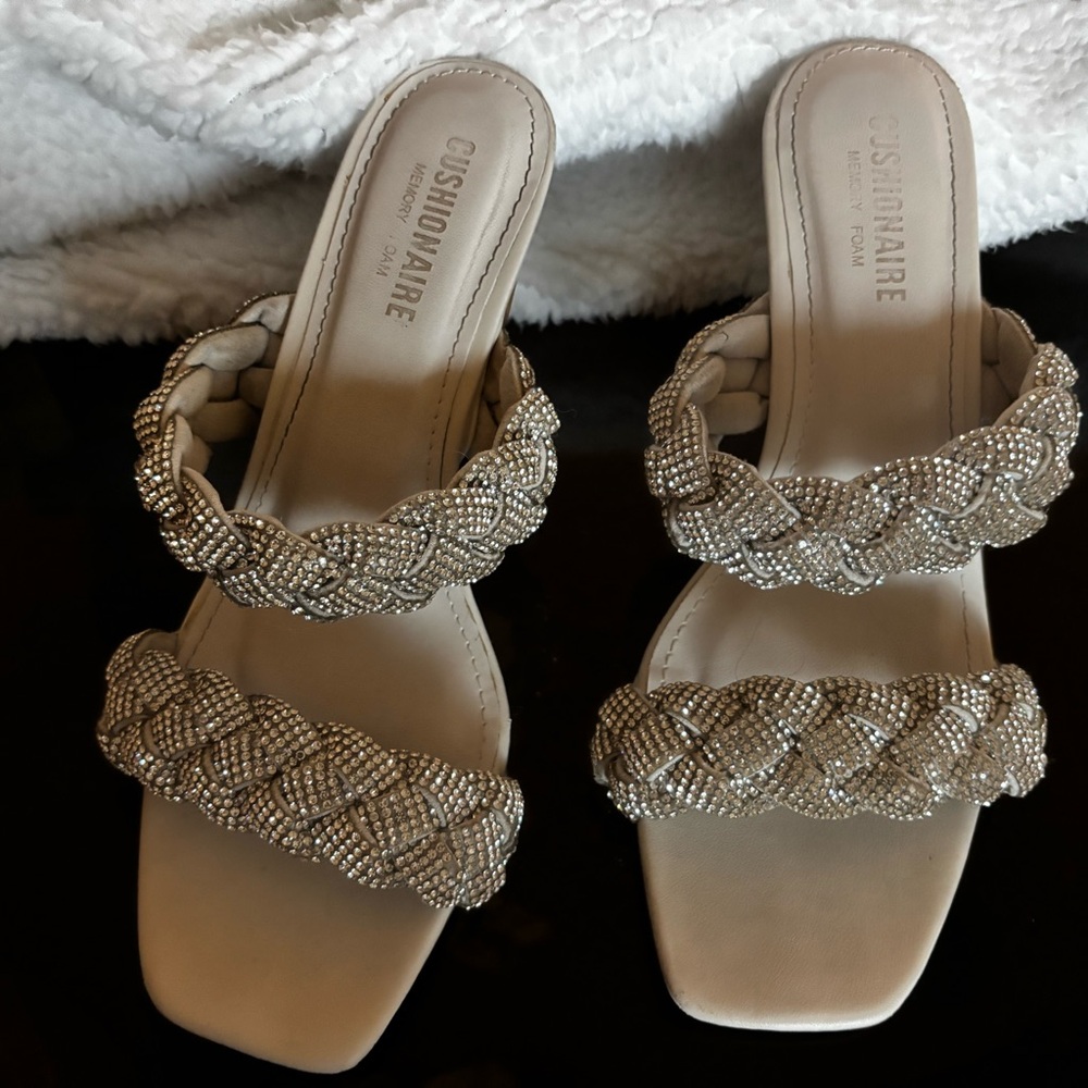 Chic White Beaded/Diamond Studded Women's Kitten Heel Sandals - Picture 3 of 5